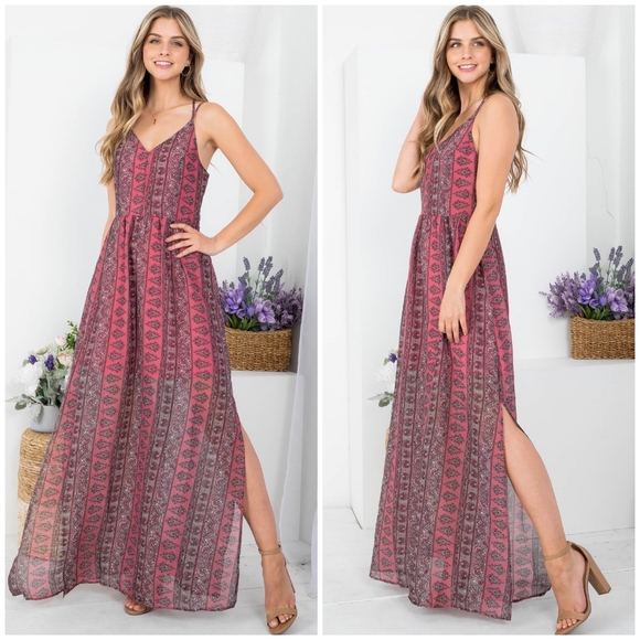 DOE & RAE Boho Chic Pink Cross Back Maxi Dress - Picture 6 of 9